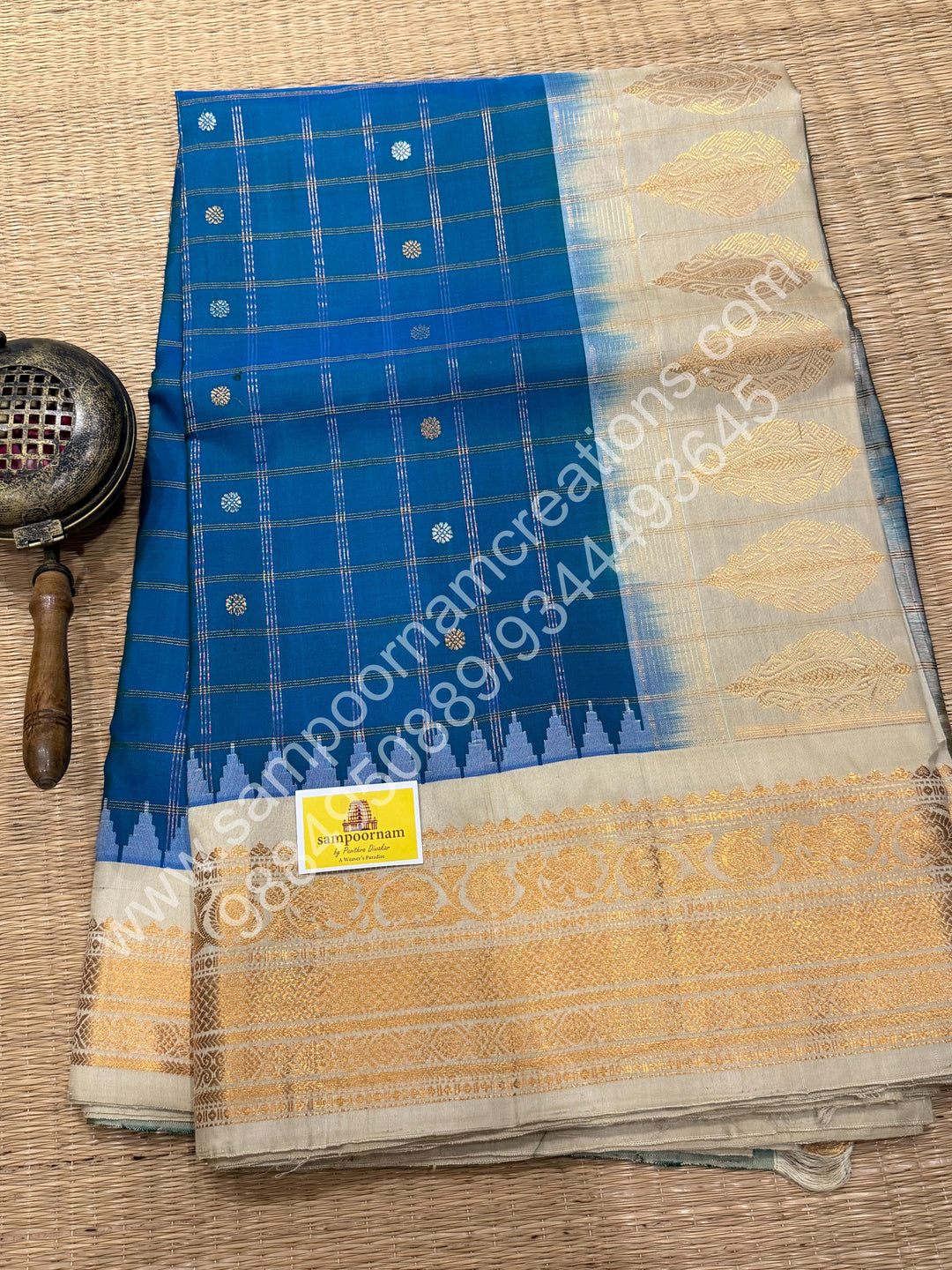 Double Shaded Blue with Offwhite , Rich Zari Checks in the Body with Silver and Gold Zari Butta in the Body, Traditional Rich Borders and Grand Pallu, Pure Handloom Gadwal Silk Saree