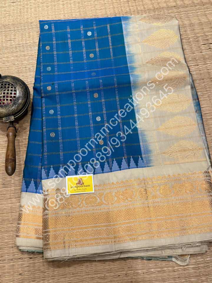 Double Shaded Blue with Offwhite , Rich Zari Checks in the Body with Silver and Gold Zari Butta in the Body, Traditional Rich Borders and Grand Pallu, Pure Handloom Gadwal Silk Saree
