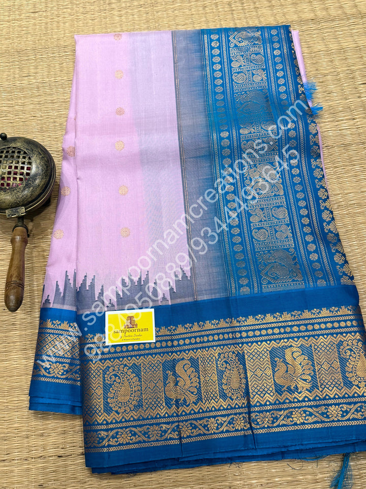 Black Currant Icecream Colour with Blue, Rich Gold Zari Butta in the Body, Traditional Rich Borders and Grand Pallu, Pure Handloom Gadwal Silk Saree