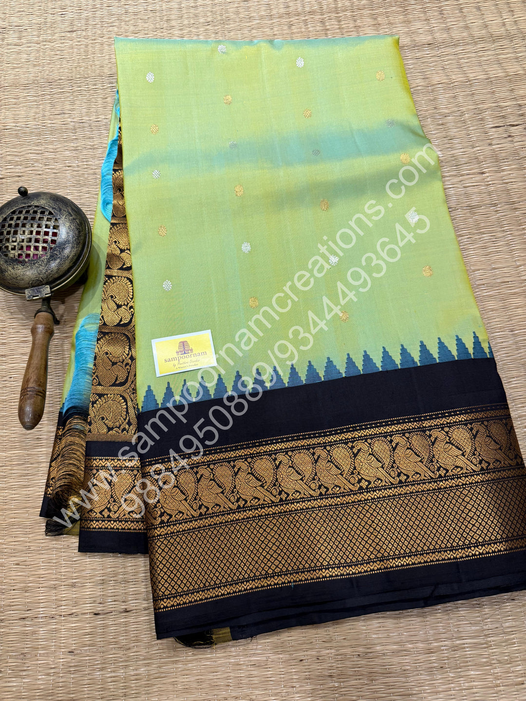 Pastel green with Black, Rich Silver and Gold Zari Butta in the Body, Traditional Rich Borders and Grand Pallu, Pure Handloom Gadwal Silk Saree