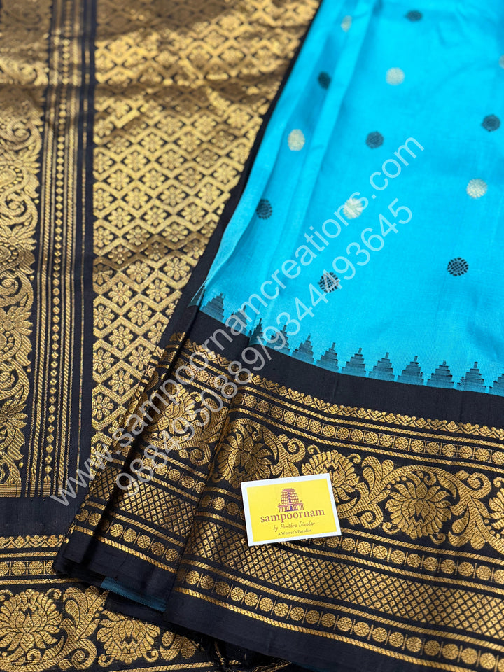 Vivid Sky Blue with Black, Rich Zari and Thread Butta in the Body, Traditional Temple Zari Borders and Grand Pallu, Pure Handloom Gadwal Silk Saree