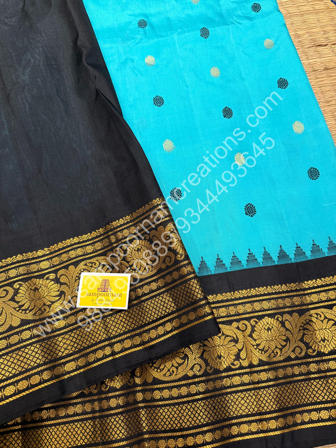 Vivid Sky Blue with Black, Rich Zari and Thread Butta in the Body, Traditional Temple Zari Borders and Grand Pallu, Pure Handloom Gadwal Silk Saree