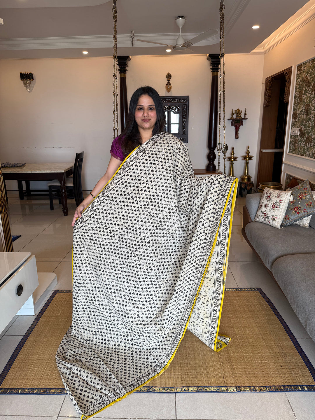 Off white with mustard , floral hand block printed mul cotton saree