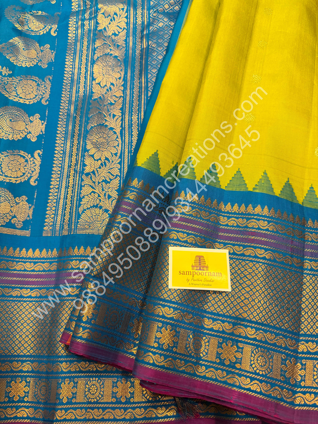 Lemon Yellow with Turquoise Blue, Rich Zari Butta in the Body, Traditional Temple Zari Rich Borders and Grand Pallu, Pure Handloom Gadwal Silk Saree