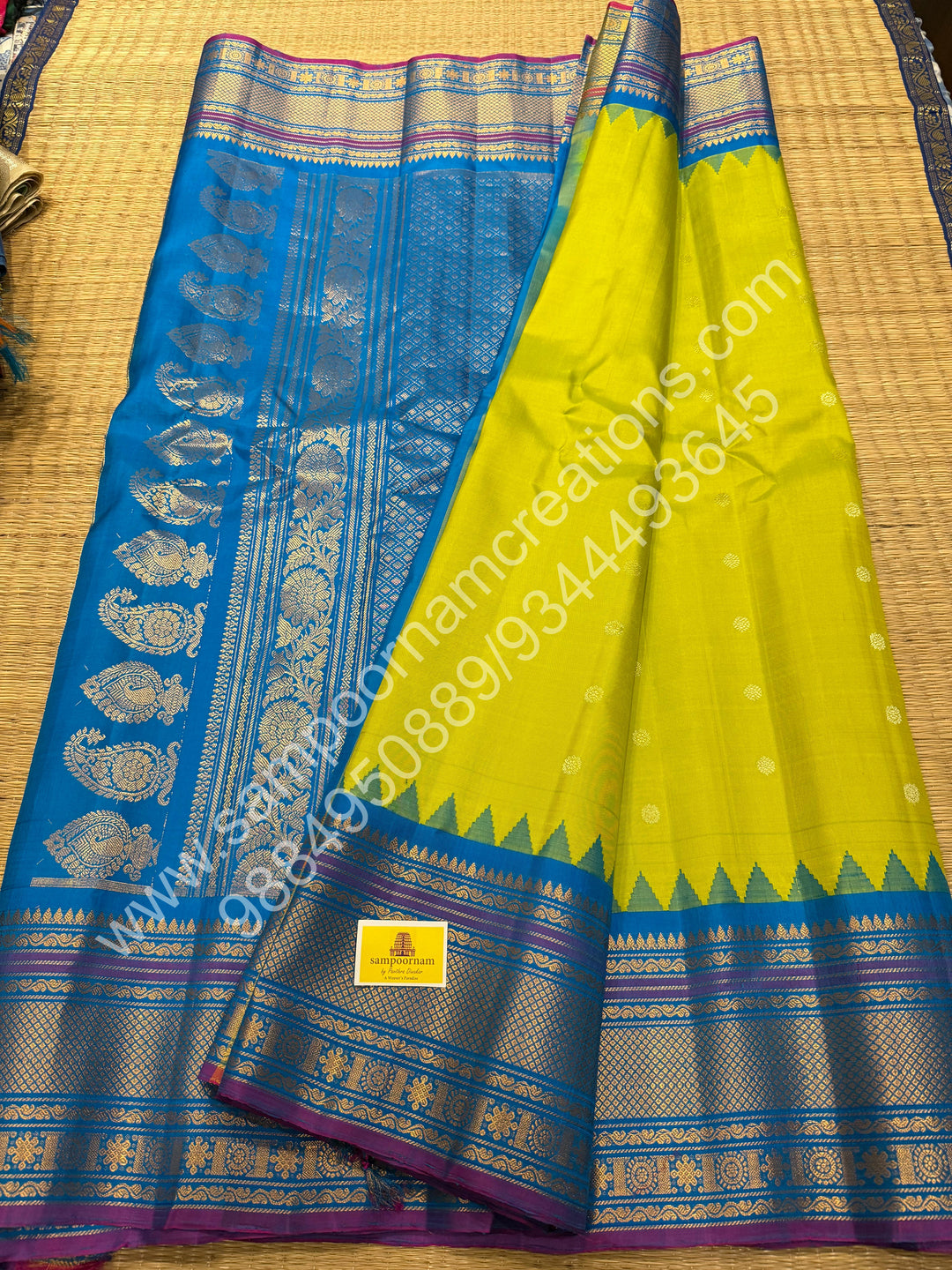 Lemon Yellow with Turquoise Blue, Rich Zari Butta in the Body, Traditional Temple Zari Rich Borders and Grand Pallu, Pure Handloom Gadwal Silk Saree