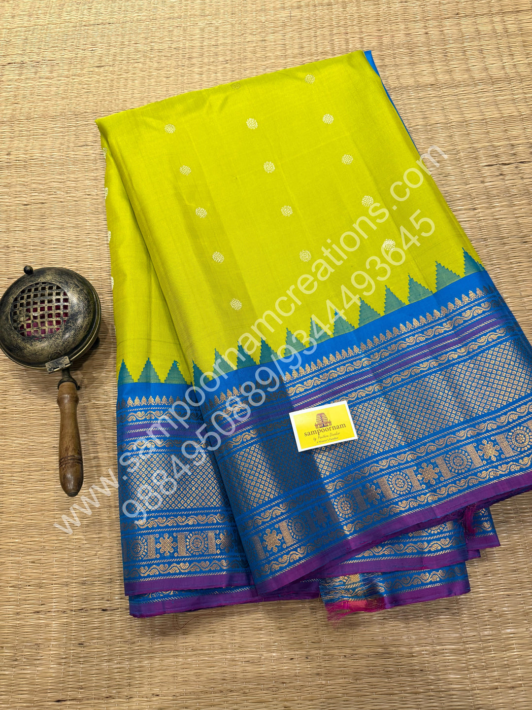 Lemon Yellow with Turquoise Blue, Rich Zari Butta in the Body, Traditional Temple Zari Rich Borders and Grand Pallu, Pure Handloom Gadwal Silk Saree