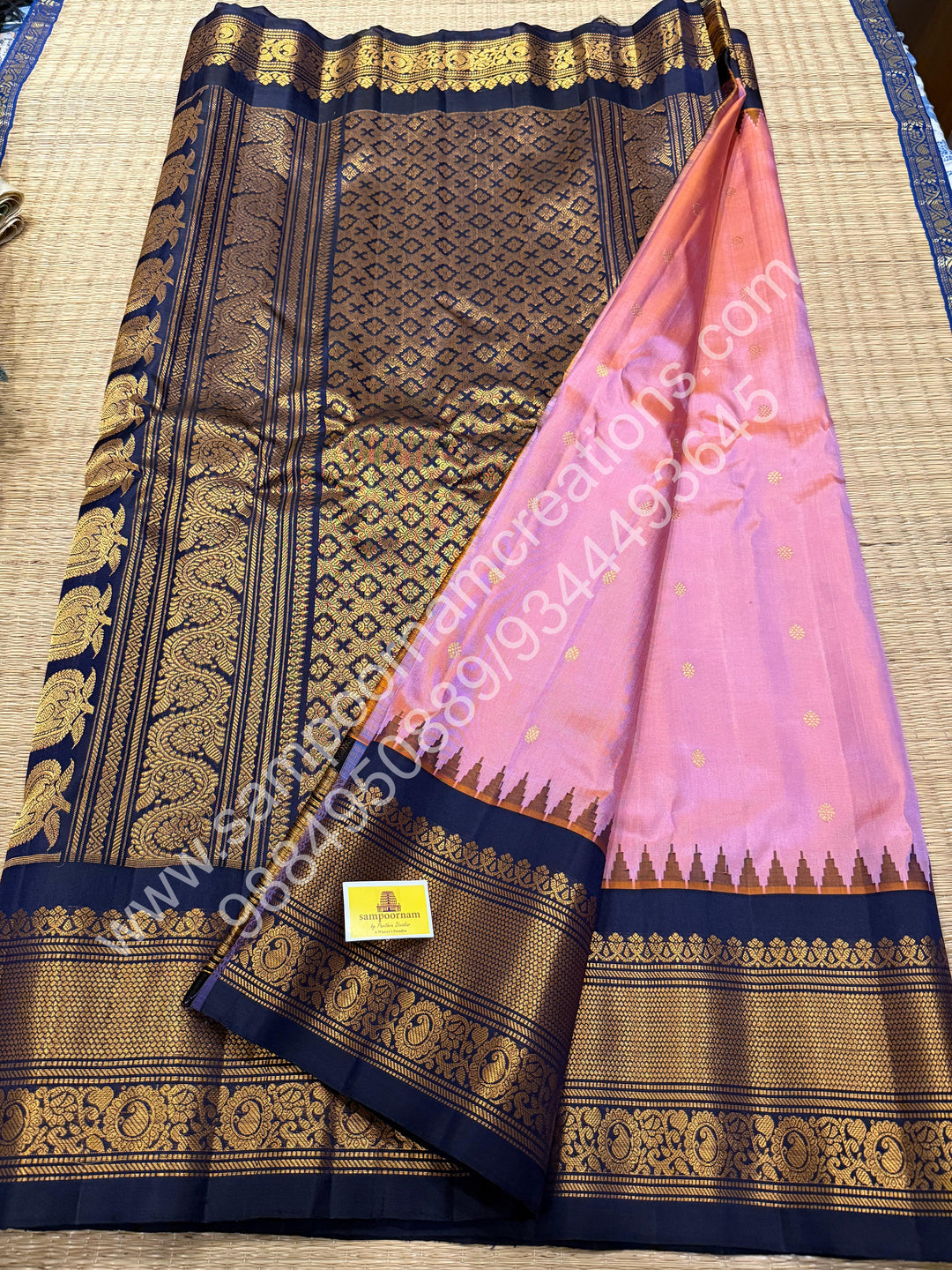 Double shaded muave with Dark Blue, Rich Zari Butta in the Body, Traditional Temple Zari Borders and Grand Pallu, Pure Handloom Gadwal Silk Saree