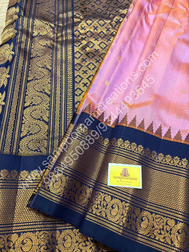 Double shaded muave with Dark Blue, Rich Zari Butta in the Body, Traditional Temple Zari Borders and Grand Pallu, Pure Handloom Gadwal Silk Saree