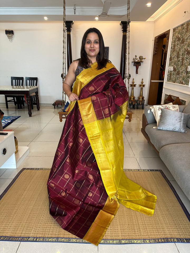 Maroon with Lemon Yellow Mayil Chakram Silk Cotton Saree