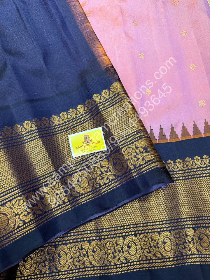 Double shaded muave with Dark Blue, Rich Zari Butta in the Body, Traditional Temple Zari Borders and Grand Pallu, Pure Handloom Gadwal Silk Saree
