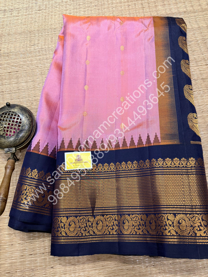 Double shaded muave with Dark Blue, Rich Zari Butta in the Body, Traditional Temple Zari Borders and Grand Pallu, Pure Handloom Gadwal Silk Saree