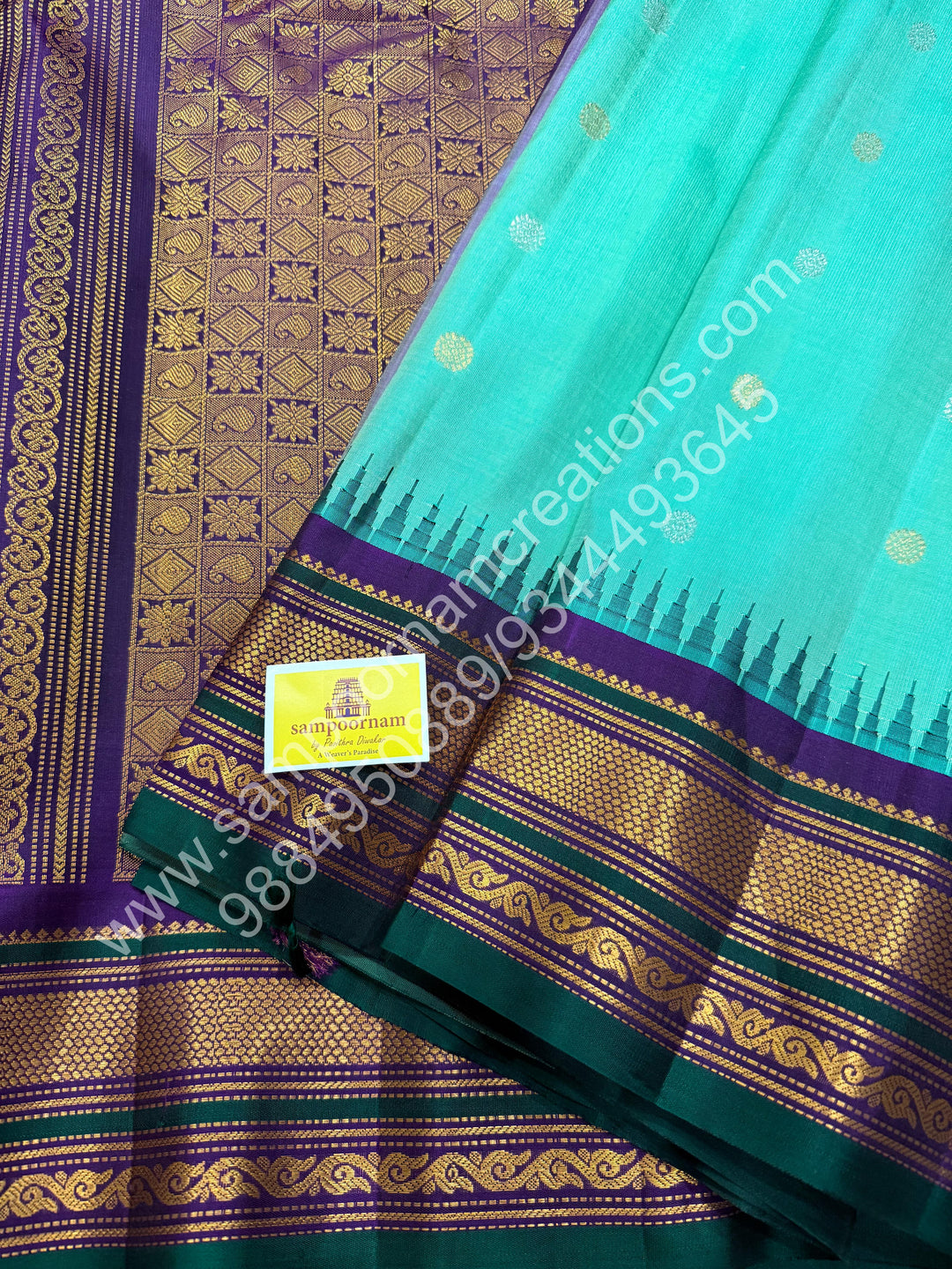 Dark Sea Green with Purple, Green Selvedge, Rich Annam Multi Colour Butta in the Body, Traditional Temple Borders and Grand Pallu, Pure Handloom Gadwal Silk Saree