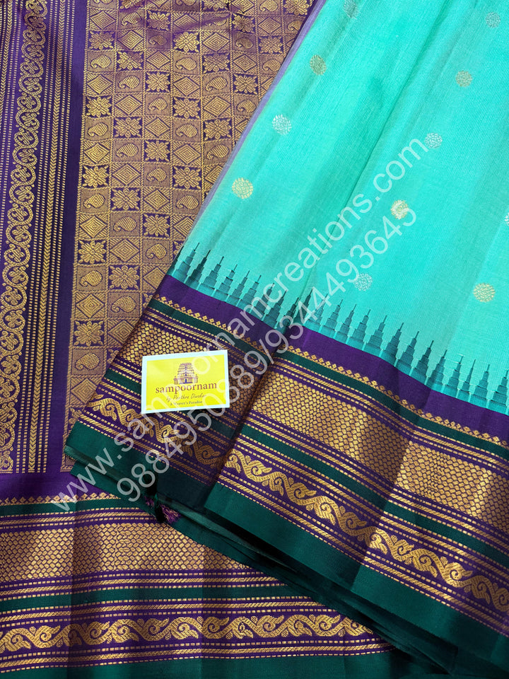 Dark Sea Green with Purple, Green Selvedge, Rich Annam Multi Colour Butta in the Body, Traditional Temple Borders and Grand Pallu, Pure Handloom Gadwal Silk Saree
