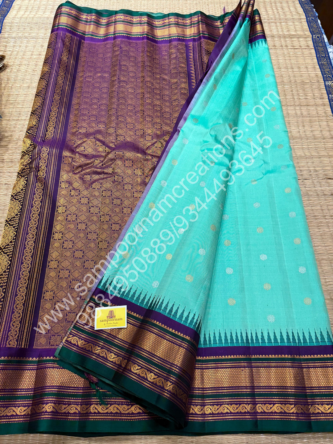 Dark Sea Green with Purple, Green Selvedge, Rich Annam Multi Colour Butta in the Body, Traditional Temple Borders and Grand Pallu, Pure Handloom Gadwal Silk Saree
