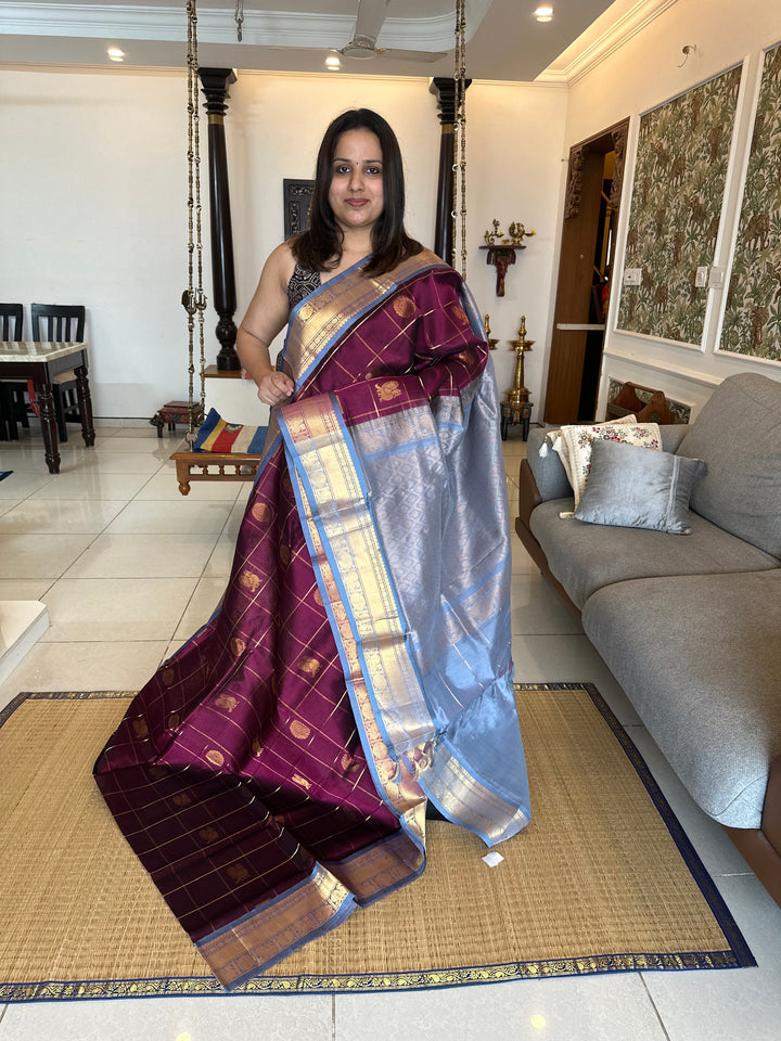 Dark Maroon with Grey Mayil Chakram Silk Cotton Saree