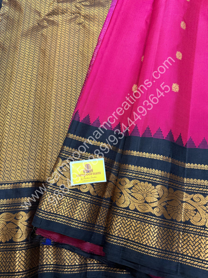 Dark magenta with Black, Rich Annam Multi Colour Butta in the Body, Traditional Temple Borders and Grand Pallu, Pure Handloom Gadwal Silk Saree