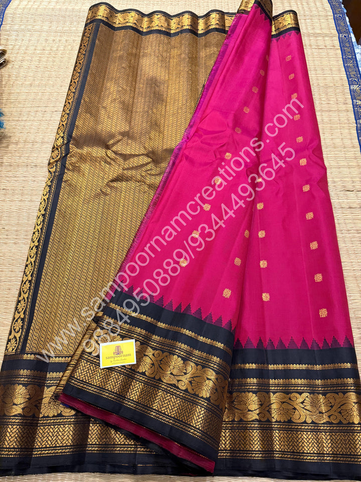 Dark magenta with Black, Rich Annam Multi Colour Butta in the Body, Traditional Temple Borders and Grand Pallu, Pure Handloom Gadwal Silk Saree