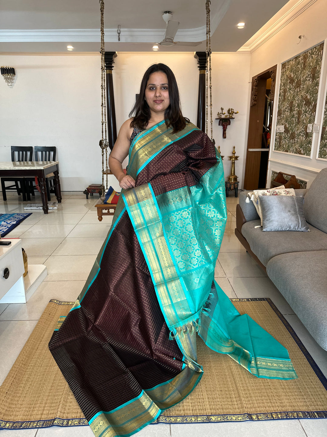 Dark Brown with Turquoise Blue Zari Lakshadeepam Silk Cotton Saree