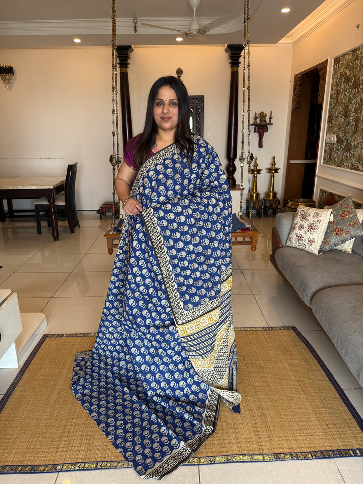 Indigo blue with black selvedge floral block printed mul cotton saree