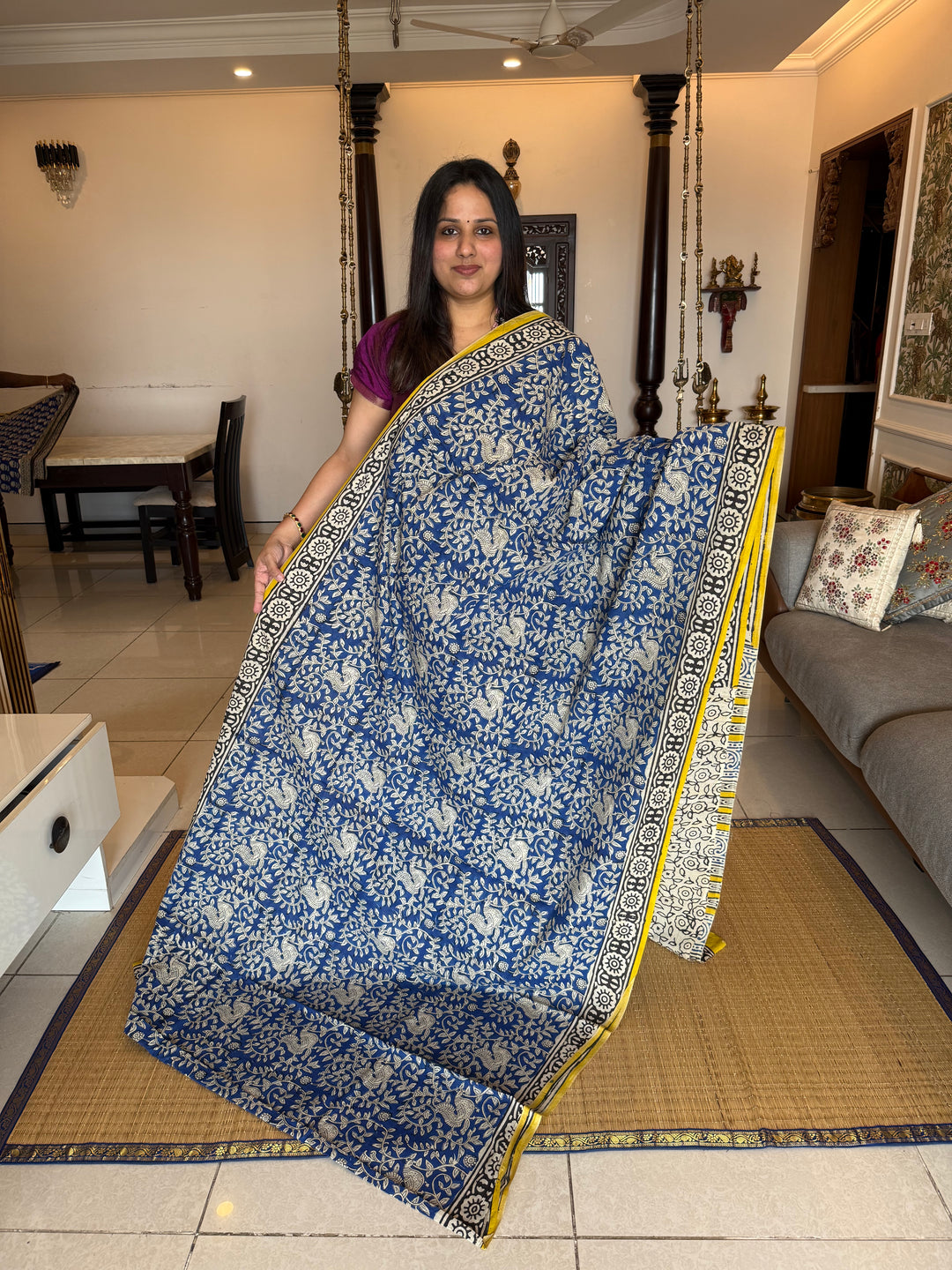 Indigo blue with yelllow kalamkari printed mul cotton saree