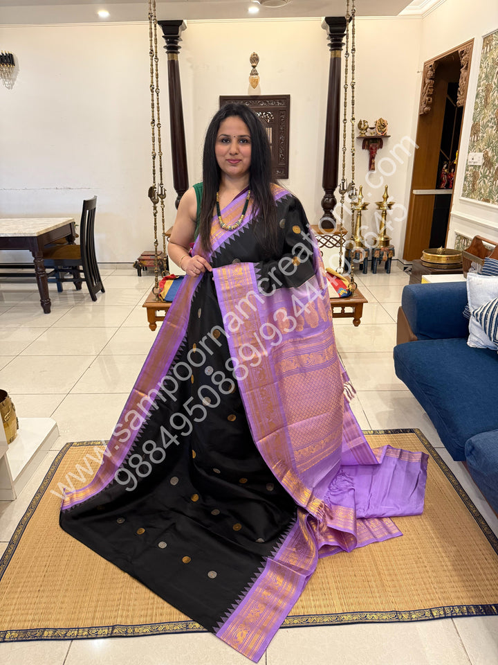 Royal Black with Lavender , Rudraksh Silver and Gold Zari Butta in the Body, Traditional Rich Borders and Grand Pallu, Pure Handloom Gadwal Silk Saree