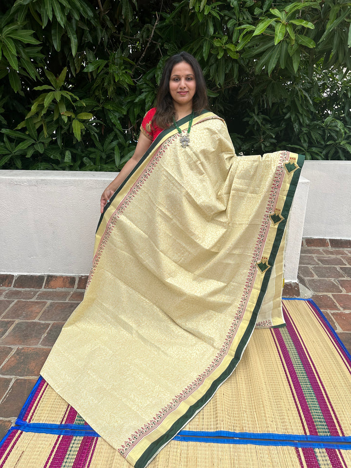 Onam Tissue Handblock Printed Saree- Green, With Palaka Motif and Butter Krishna Motif in the Pallu