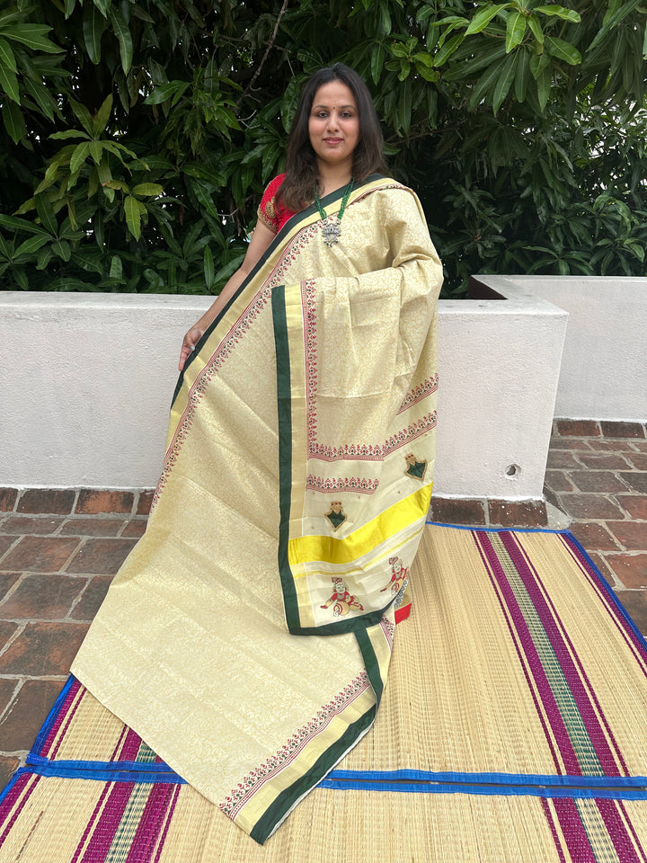 Onam Tissue Handblock Printed Saree- Green, With Palaka Motif and Butter Krishna Motif in the Pallu