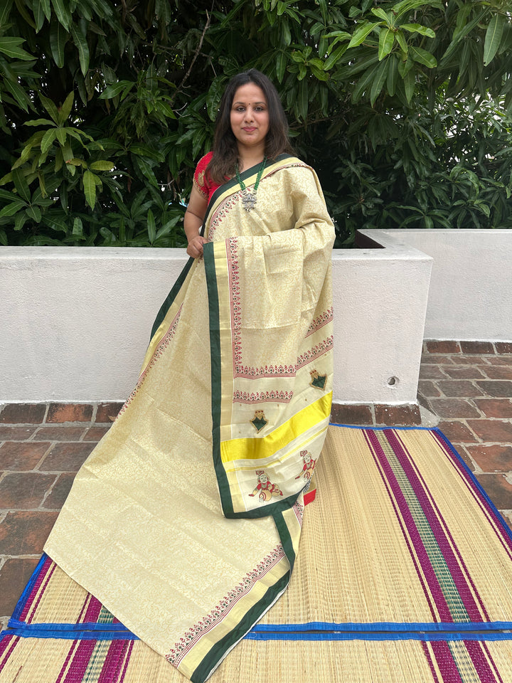 Onam Tissue Handblock Printed Saree- Green, With Palaka Motif and Butter Krishna Motif in the Pallu