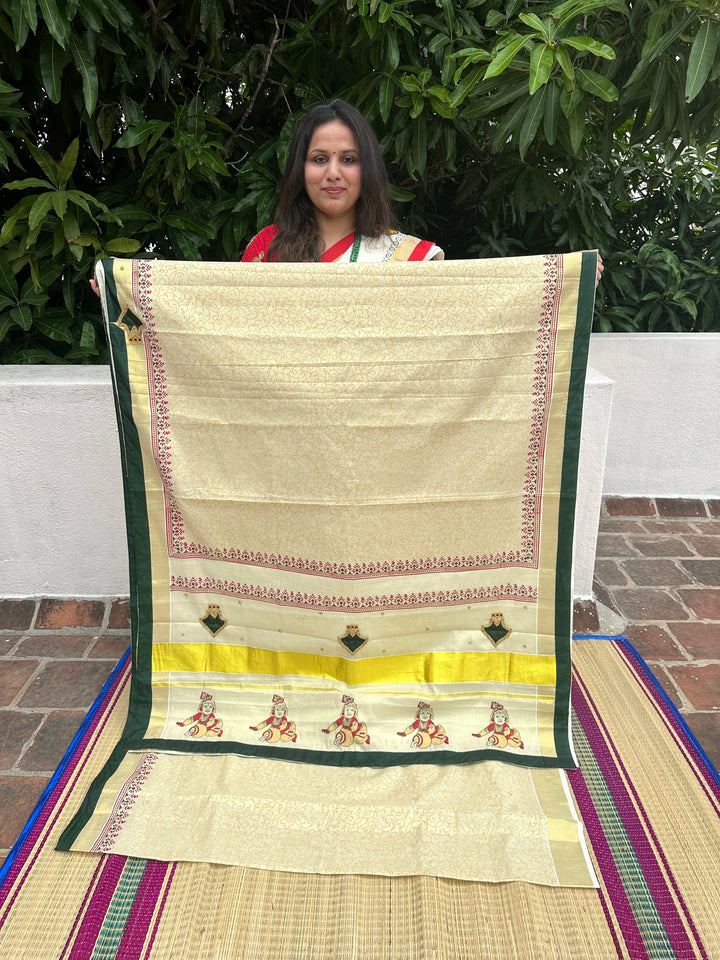 Onam Tissue Handblock Printed Saree- Green, With Palaka Motif and Butter Krishna Motif in the Pallu