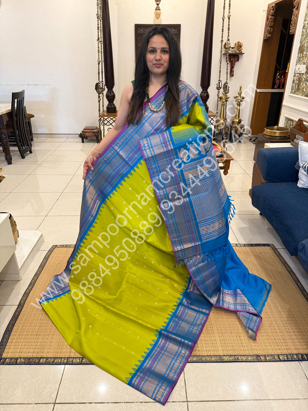 Lemon Yellow with Turquoise Blue, Rich Zari Butta in the Body, Traditional Temple Zari Rich Borders and Grand Pallu, Pure Handloom Gadwal Silk Saree