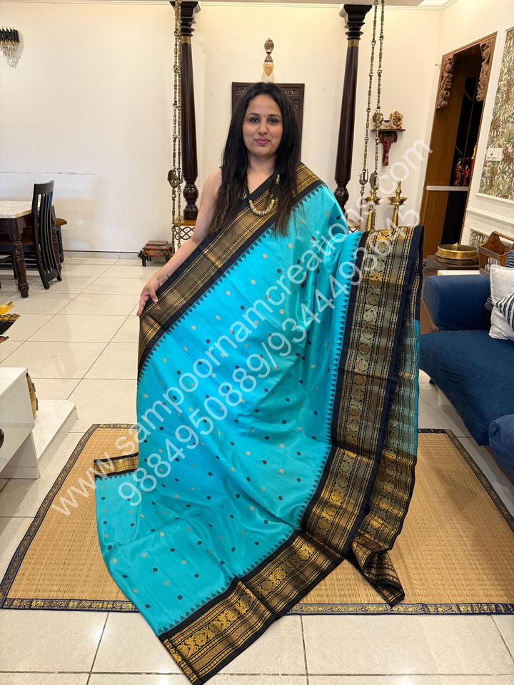 Vivid Sky Blue with Black, Rich Zari and Thread Butta in the Body, Traditional Temple Zari Borders and Grand Pallu, Pure Handloom Gadwal Silk Saree