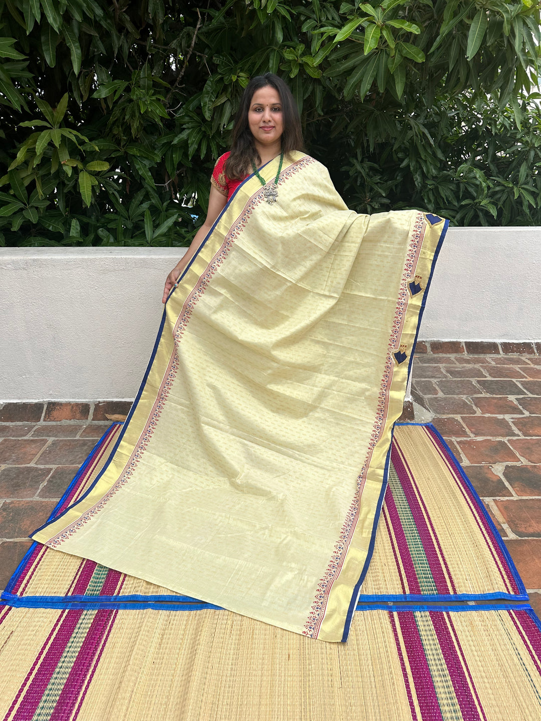 Onam Tissue Handblock Printed Saree- Blue, With Palaka Motif and Butter Krishna Motif in the Pallu