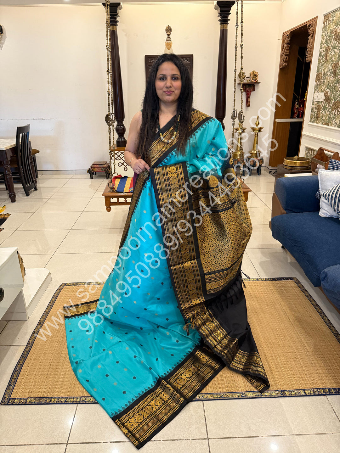 Vivid Sky Blue with Black, Rich Zari and Thread Butta in the Body, Traditional Temple Zari Borders and Grand Pallu, Pure Handloom Gadwal Silk Saree