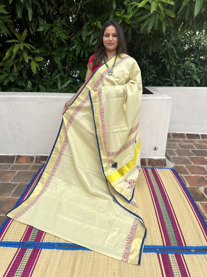 Onam Tissue Handblock Printed Saree- Blue, With Palaka Motif and Butter Krishna Motif in the Pallu