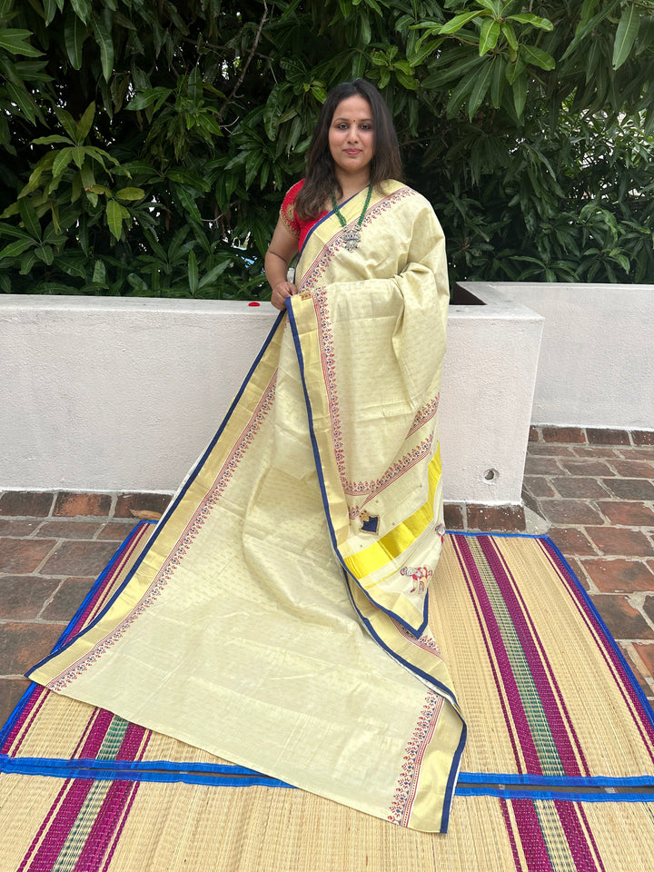 Onam Tissue Handblock Printed Saree- Blue, With Palaka Motif and Butter Krishna Motif in the Pallu