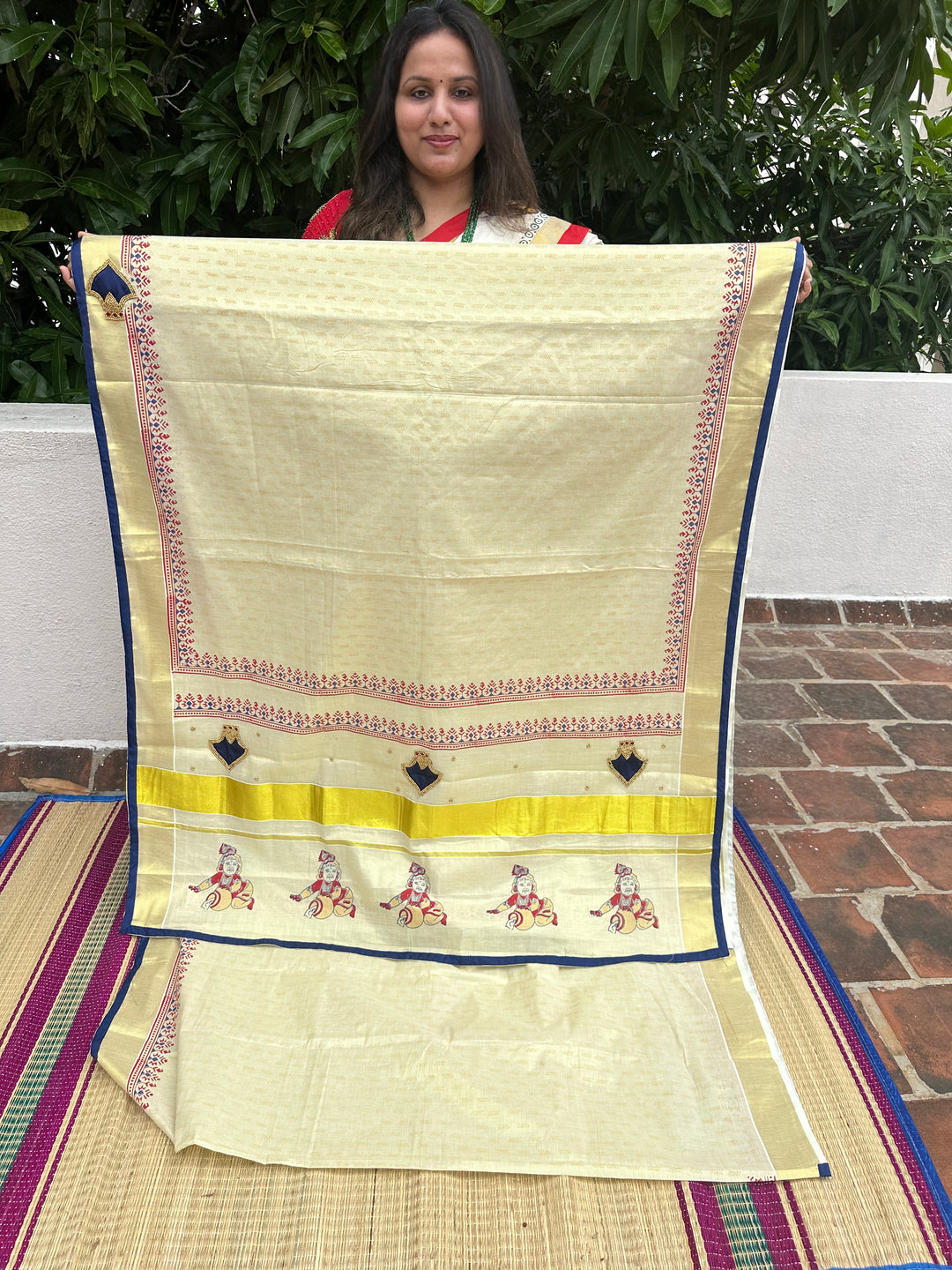 Onam Tissue Handblock Printed Saree- Blue, With Palaka Motif and Butter Krishna Motif in the Pallu