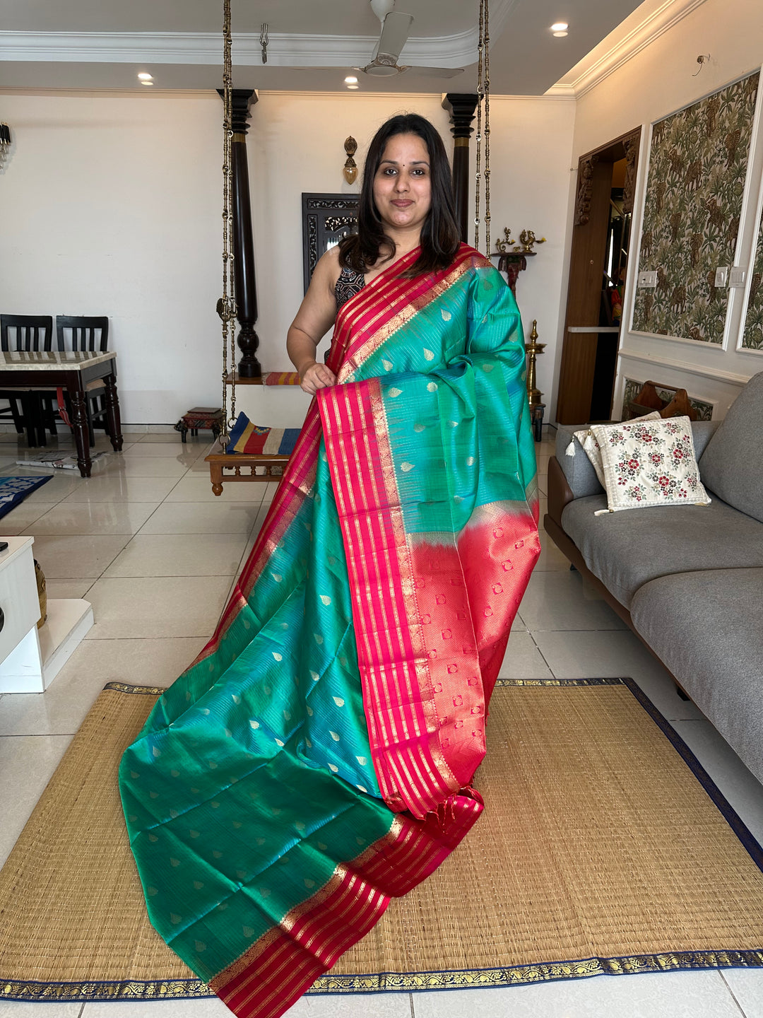 Ramar Blue with Red , Rich Zari lines in the body with Rich Butta and Grand border and Pallu , Pure Soft Silk Saree