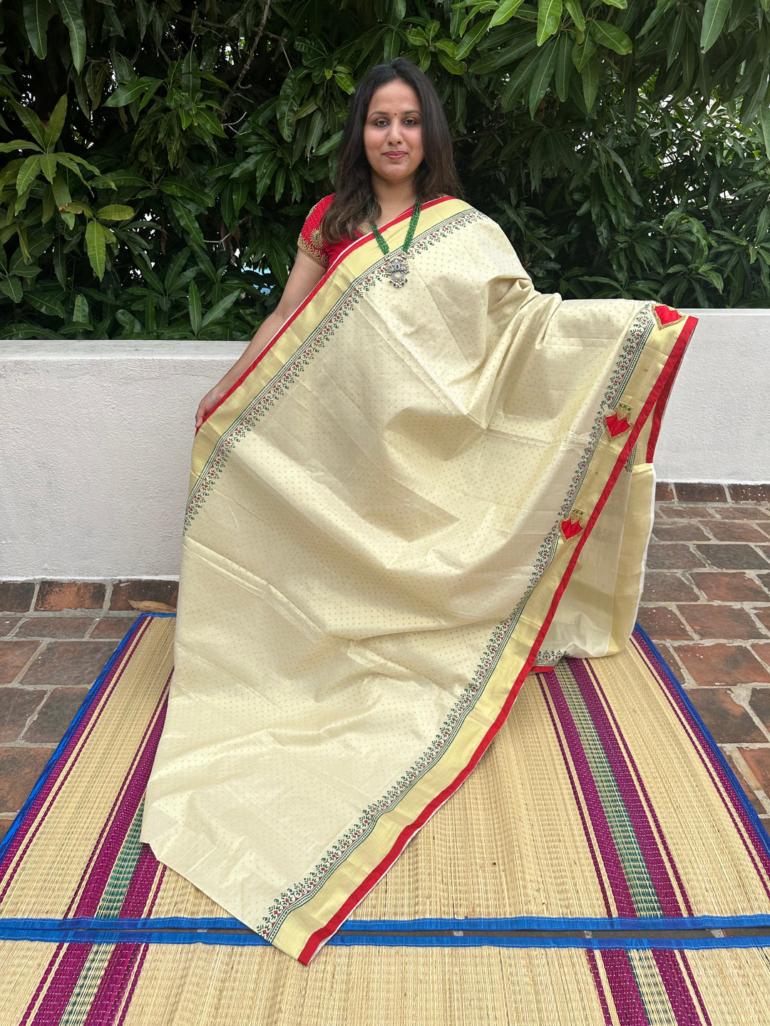 Onam Tissue Handblock Printed Saree- Red, With Palaka Motif and Butter Krishna Motif in the Pallu