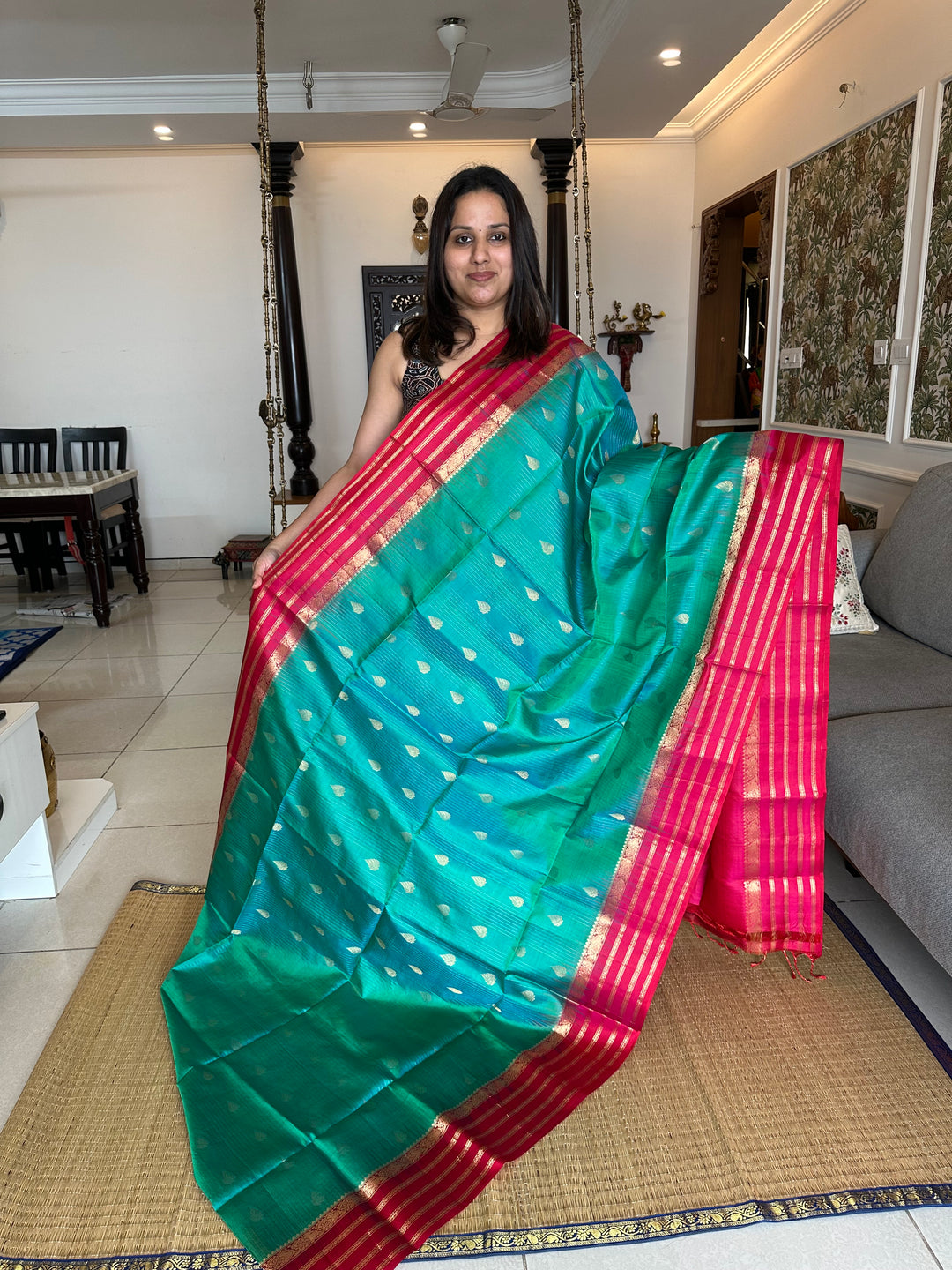 Ramar Blue with Red , Rich Zari lines in the body with Rich Butta and Grand border and Pallu , Pure Soft Silk Saree