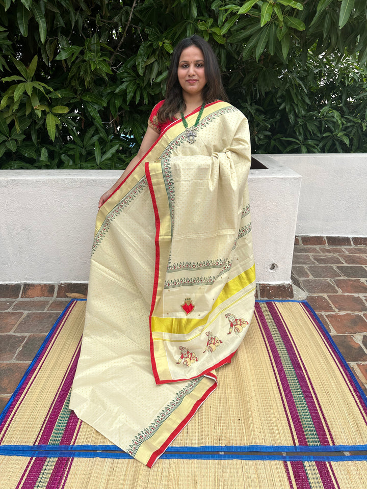 Onam Tissue Handblock Printed Saree- Red, With Palaka Motif and Butter Krishna Motif in the Pallu