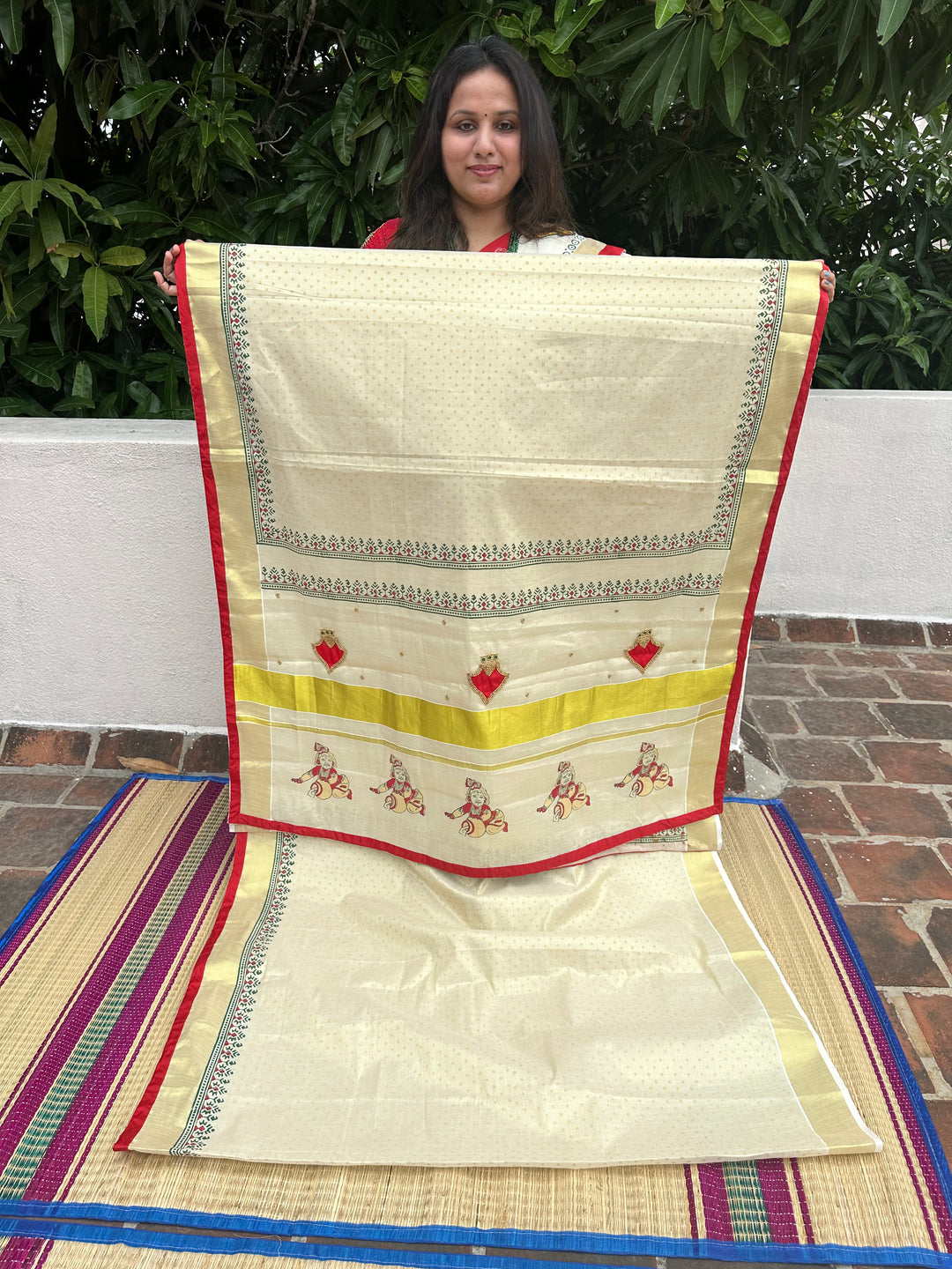 Onam Tissue Handblock Printed Saree- Red, With Palaka Motif and Butter Krishna Motif in the Pallu