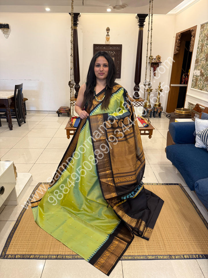 Pastel green with Black, Rich Silver and Gold Zari Butta in the Body, Traditional Rich Borders and Grand Pallu, Pure Handloom Gadwal Silk Saree