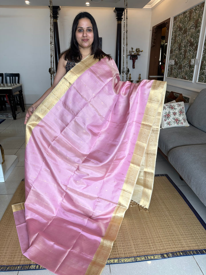 Baby Pink with Cream Rich Body Butta , Rich Zari Border and Pallu Pure Soft Silk Saree