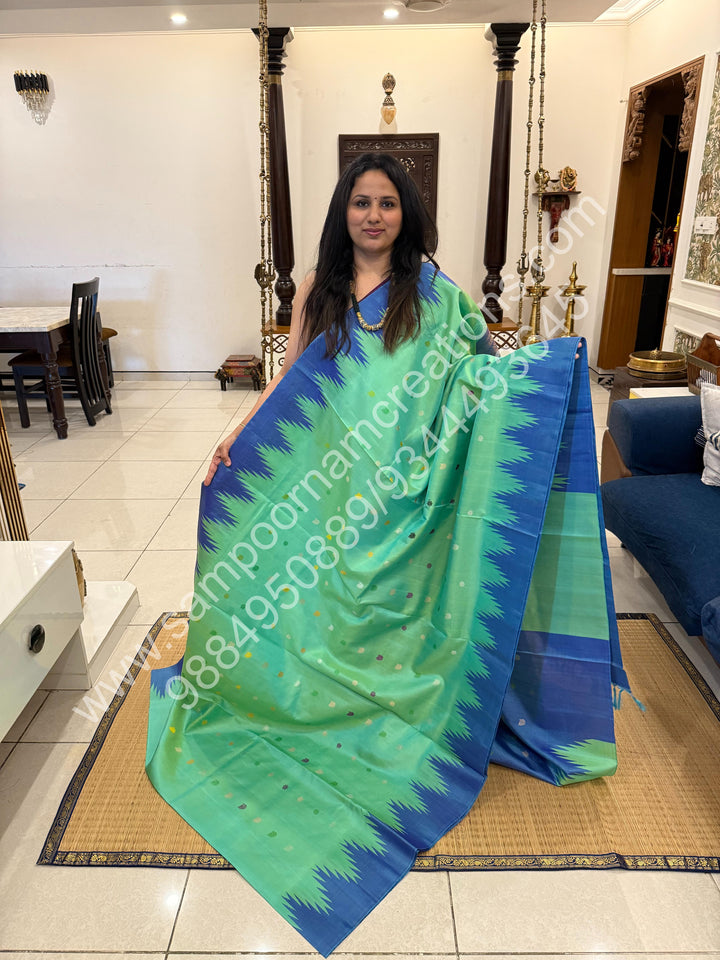 Double Shaded Pastel green with Blue, Rich Annam Multi Colour Butta in the Body, Traditional Temple Borders and Grand Pallu, Pure Handloom Gadwal Silk Saree