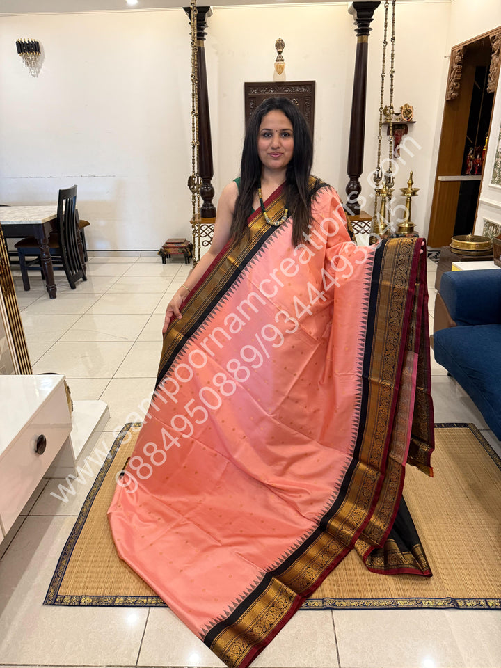 Baby pink with Black, Rich Gold Zari Butta in the Body, Maroon Selvedge, Traditional Rich Borders and Grand Pallu, Pure Handloom Gadwal Silk Saree