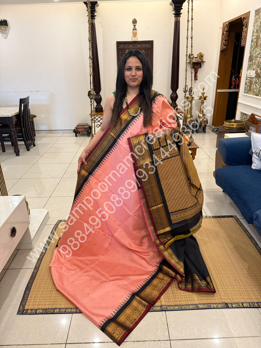 Baby pink with Black, Rich Gold Zari Butta in the Body, Maroon Selvedge, Traditional Rich Borders and Grand Pallu, Pure Handloom Gadwal Silk Saree