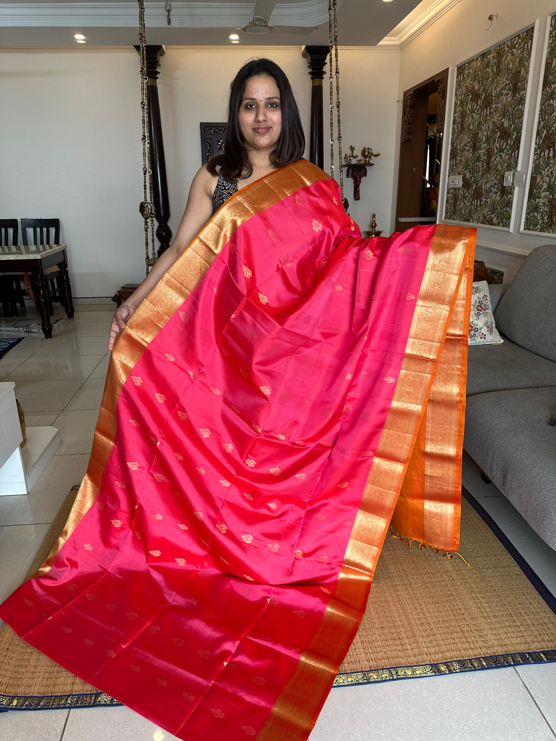 Dark Pink with Orange , Rich Zari Border and Grand Pallu with Rich Butta Pure Soft Silk Saree