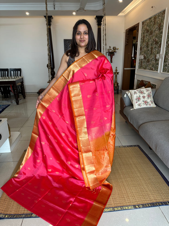 Dark Pink with Orange , Rich Zari Border and Grand Pallu with Rich Butta Pure Soft Silk Saree