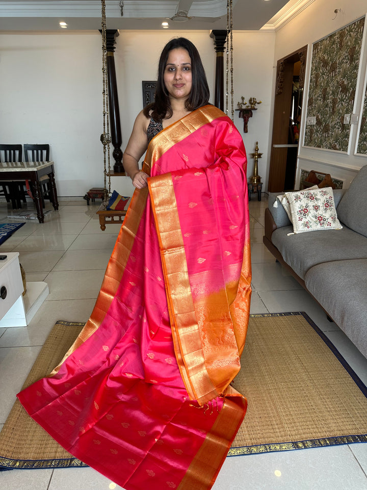 Dark Pink with Orange , Rich Zari Border and Grand Pallu with Rich Butta Pure Soft Silk Saree