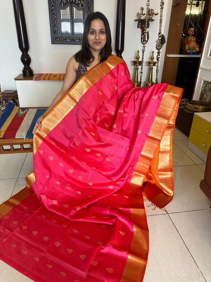 Dark Pink with Orange , Rich Zari Border and Grand Pallu with Rich Butta Pure Soft Silk Saree